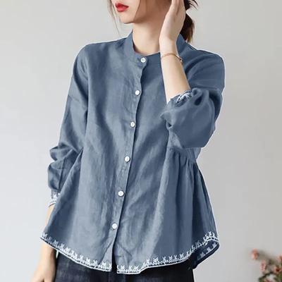 Women Vintage Embroidery Ruffle Cotton Linen Shirt Stand Collar Chic Loose Blouse Casual Solid Long Sleeve Tops