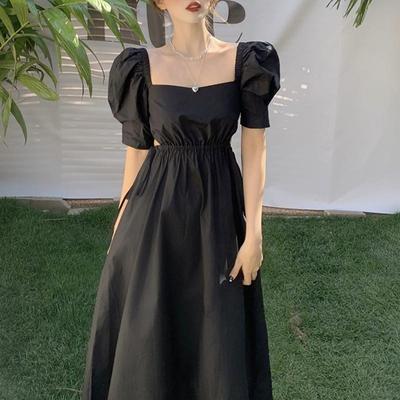 French Vintage Dress Women Casual Puff Sleeve One Piece Dress Korean Gothic Bandage Midi Black Dress Female Evening Party Chic