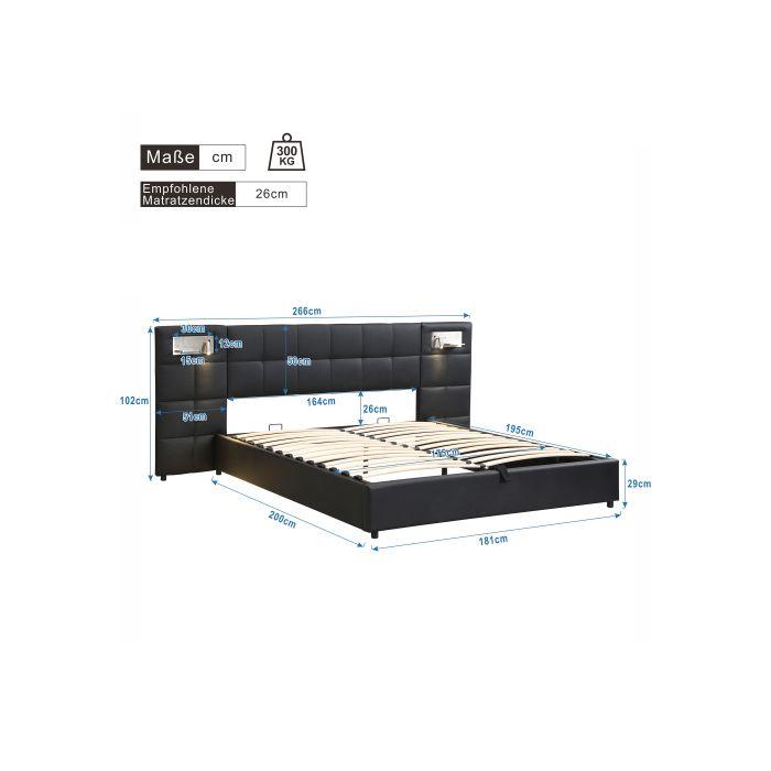 Lit Hydraulique - MUVOE - 180 X 200 Cm - Port USB - Chargeur Sans Fil - Lumière Intégrée