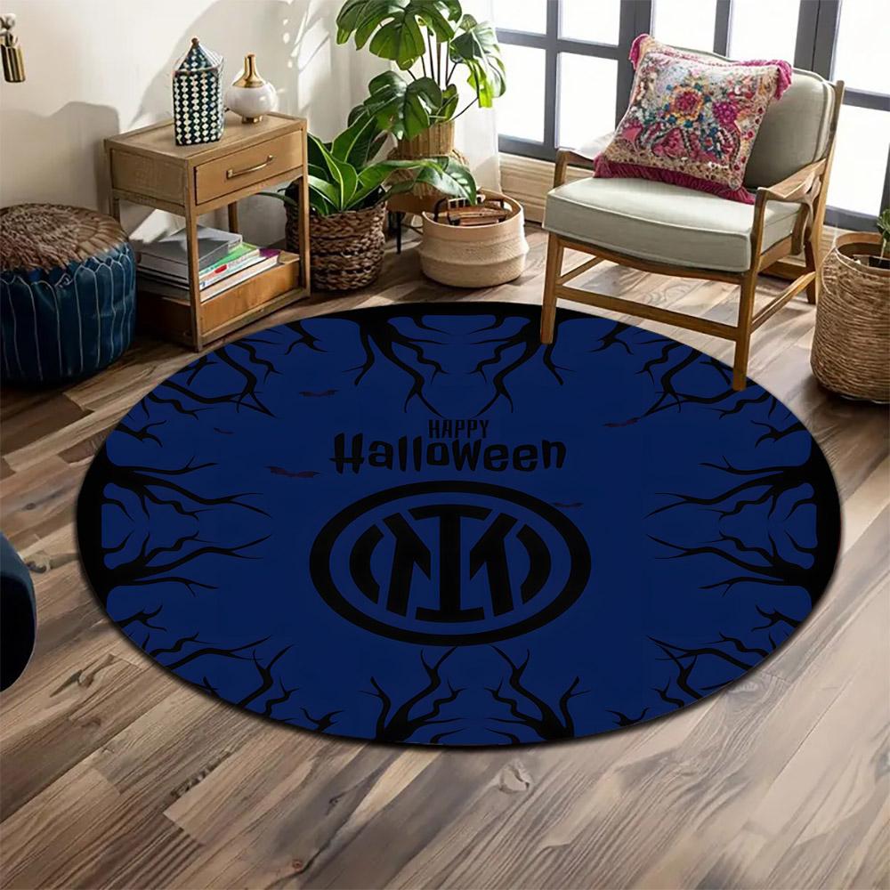 Round Rug Inter Milan IM Logo Happy Halloween Spooky Branches Bats Dark Blue Soccer Circular Rug for Football Fan Decor