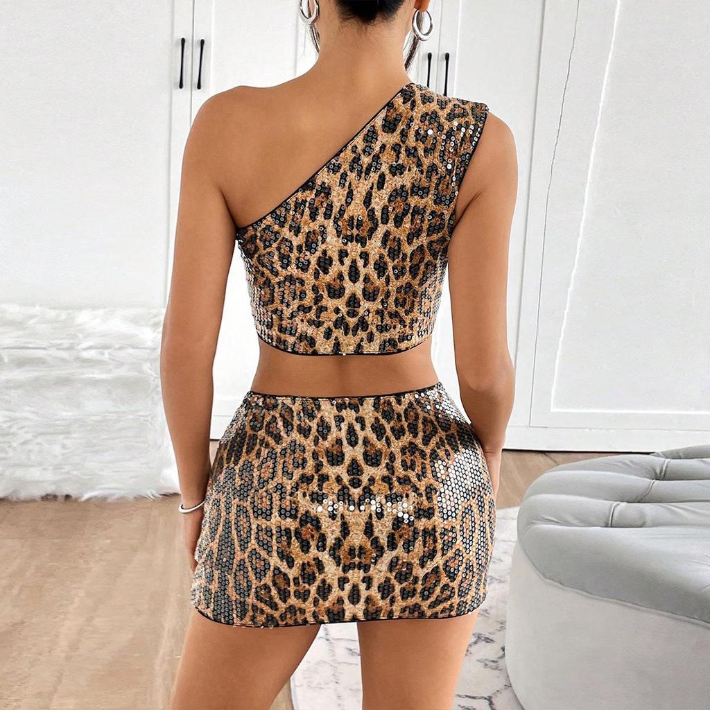 Exklusives Leo-Pailletten-Einteiler-Crop-Top mit einer Schulter und Minirock-Set für Damen