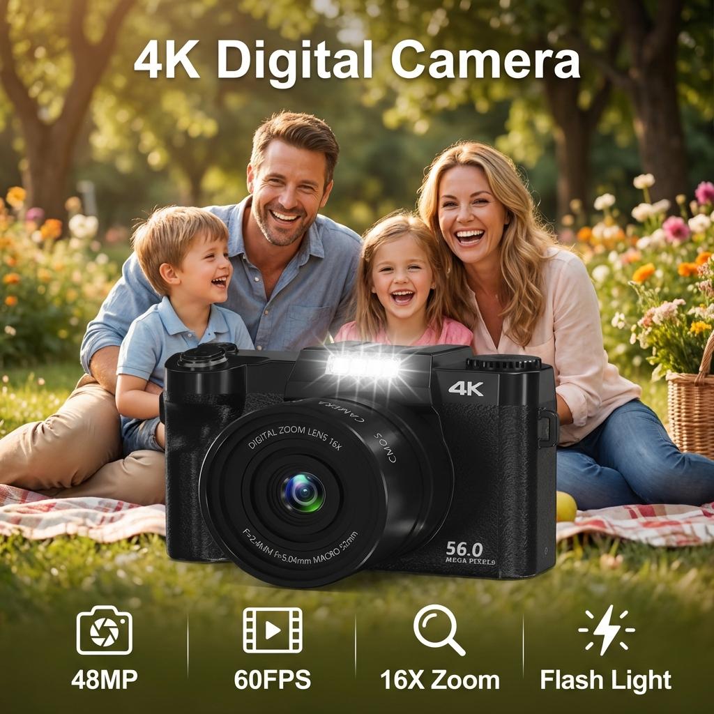 4K Digital Camera 48MP with 3 LCD Screen 16X Zoom Wide Angle & Macro Lens HDMI Output Motion Detection Supports 128GB SD Card