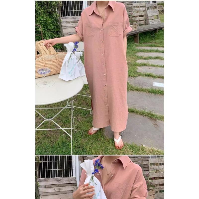 Shirtdress Women's Summer Simple Long Short Sleeve Dress Over The Knee