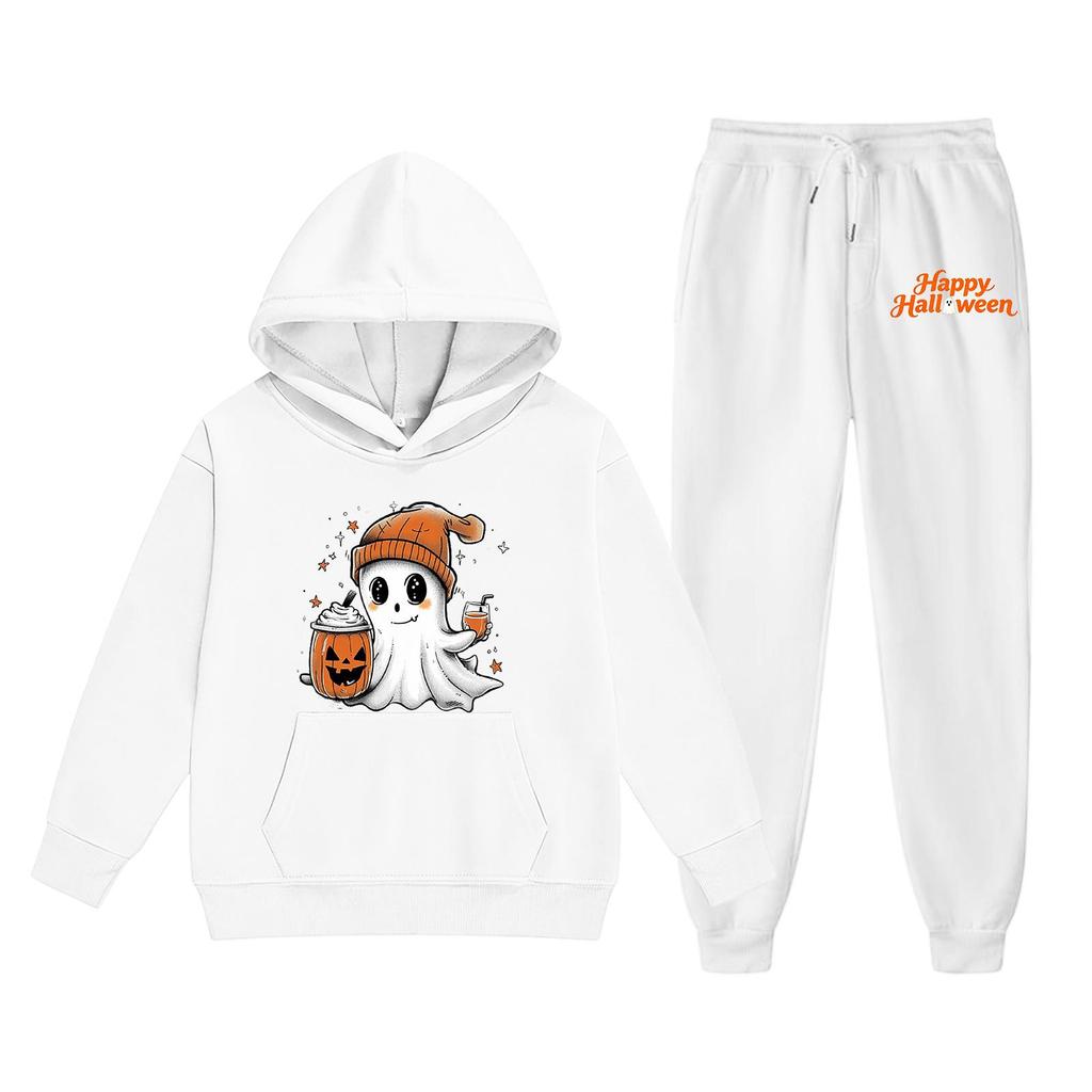 Kids Halloween Hoodie and Pants Set Ghost Print Pullover Sweatshirt with Hooded Top and Elastic Waist Bottoms for Boys and Girls