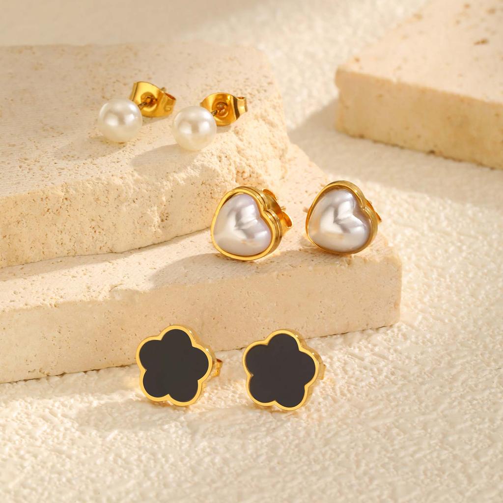 Dreiteiliges Set Ohrstecker für Damen, Hohl, Schleife, Blume, Herz, Edelstahl, Ohrstecker-Set, Großhandel Schmuck Geschenk