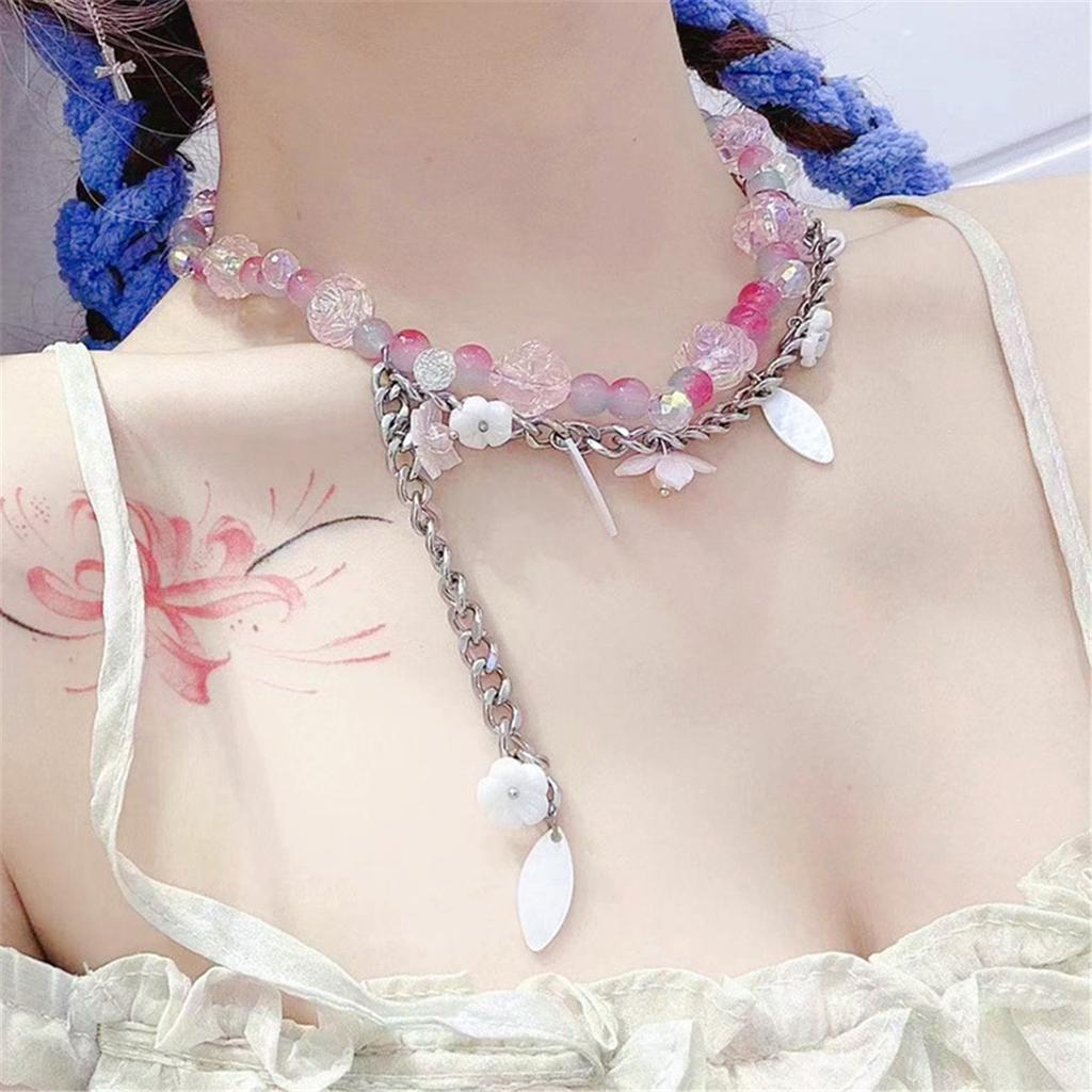 Tooxika Crushed Ice Coloured Pastel Crystal Beaded Flower Patchwork Necklace Niche Sweet Cool Choker Collarbone Chain