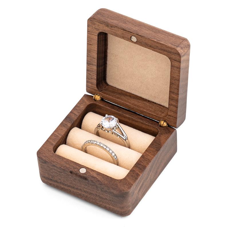 In-Stock Walnut Wood Double Engagement Ring Box - Solid Mini Jewelry Box with Engraved Pattern