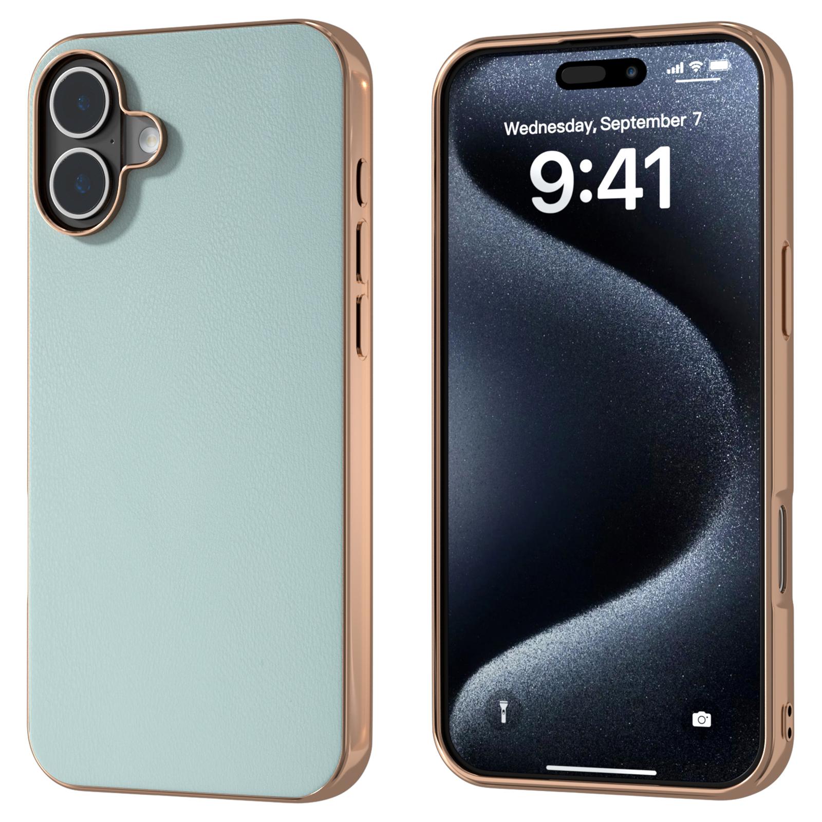 

For iPhone 16 Case Electroplating Edge PU Leather Coated TPU+PC Phone Cover Baby Blue