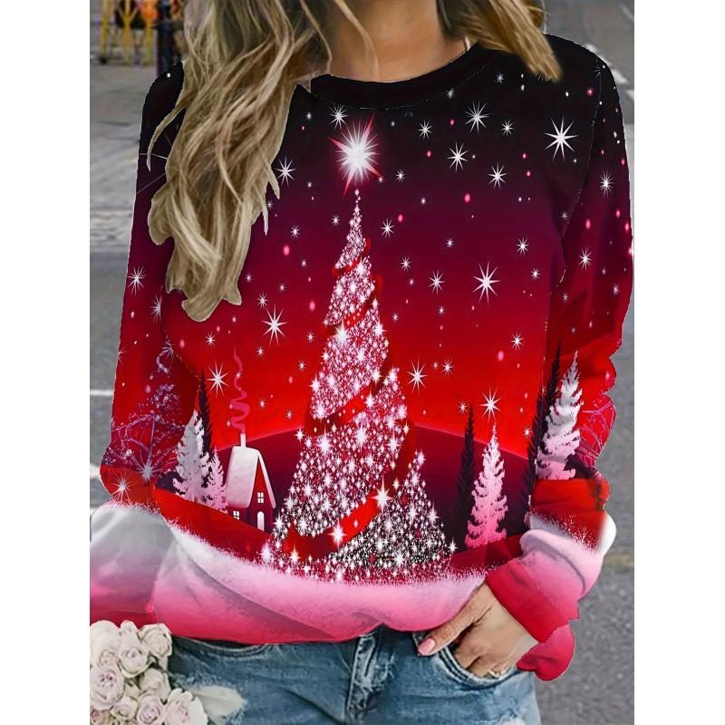 Womens Round Neck Pullover Sweatshirt With 3D Christmas Tree Print Casual Comfort Fit 2025