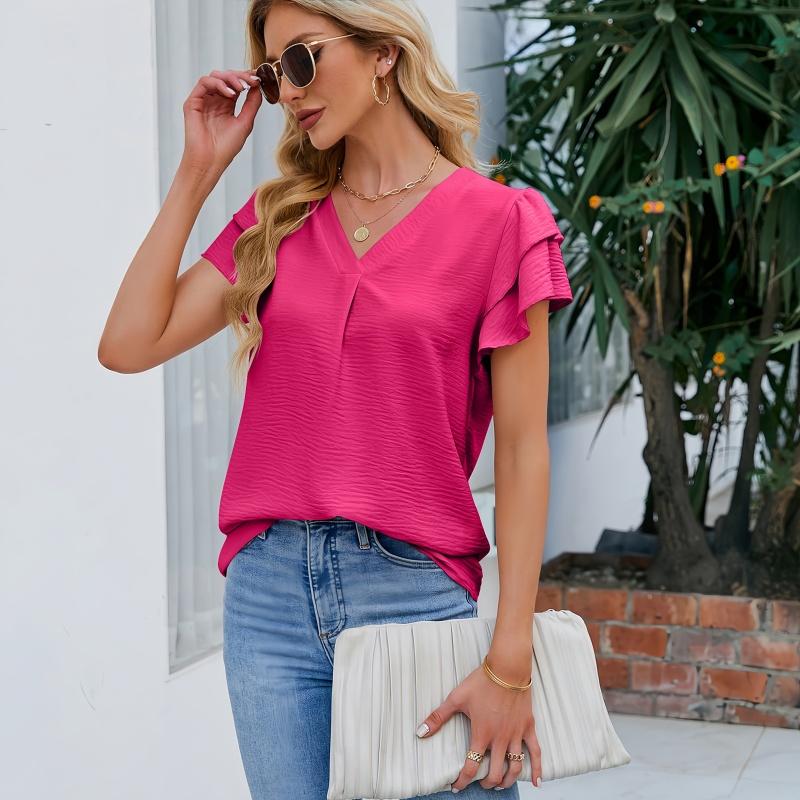 

Summer Women s Blouse Shirt V-neck Chiffon Ruffled Short-sleeve Solid Top Shirt Blouse XXL рожевий червоний колір