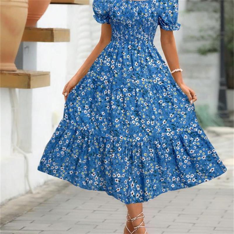 Women's Square Collar Waist Printed Dress S-XXXL