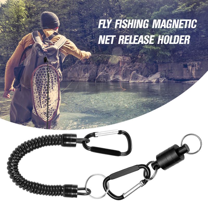 Magnetic Net Release Holder With Coiled Lanyard Fly Fishing Tools Strong Magnet Carabine Fast Buckle Anti-Drop Rope Accessories
