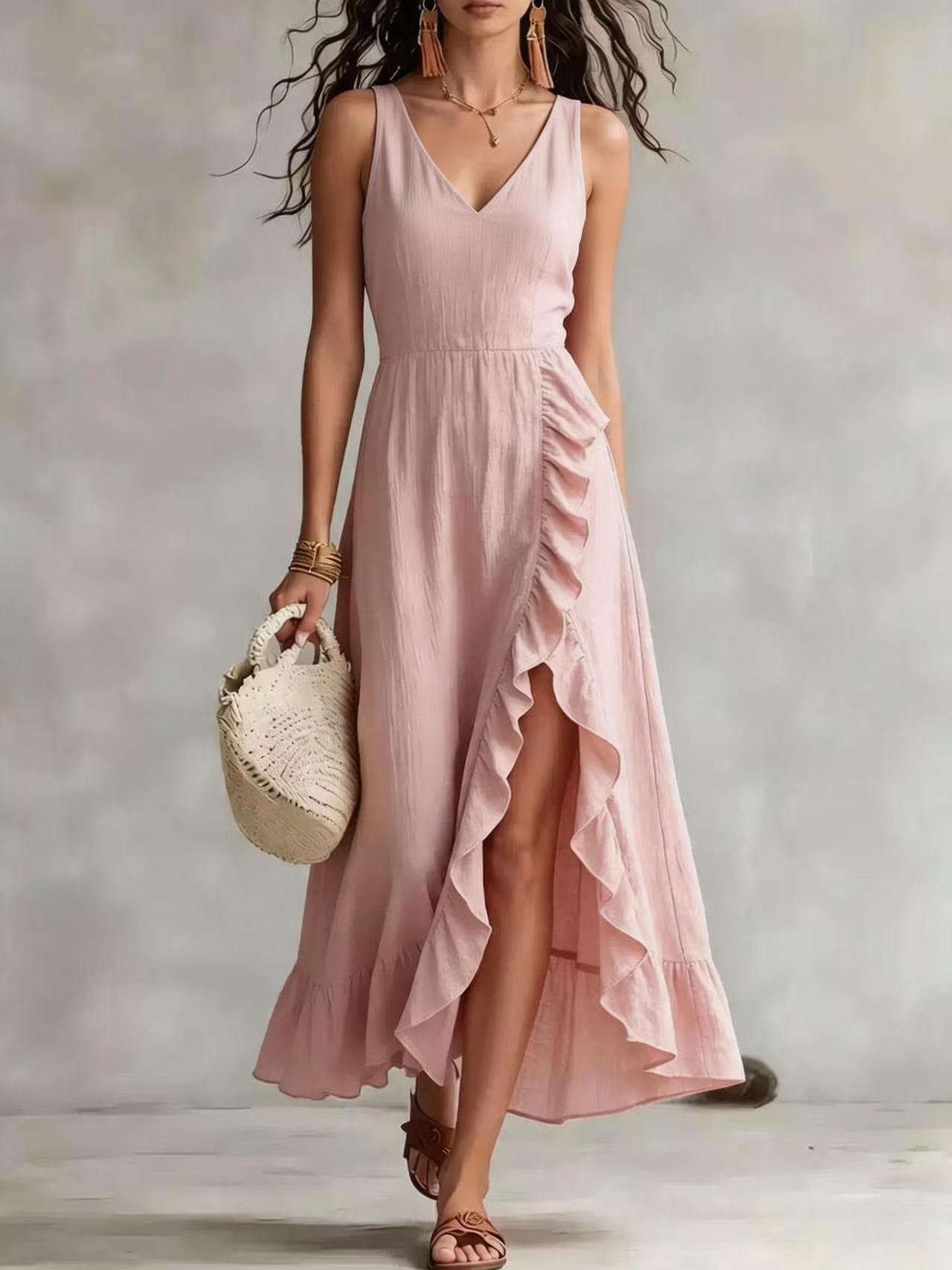 Y2K summer women s V-neck sleeveless dress pink ruffle edge split holiday wind beach dress S