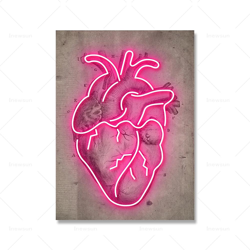 Neon Skeleton Vintage Diagram Art Print Medical Poster Modern Neon Heart  Canvas Painting Doctor Office Room Wall Pictures Decor