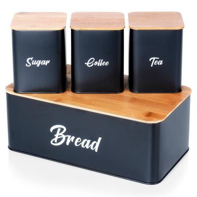 Black Metal Bamboo Bread Bin Kitchen Container for Bread