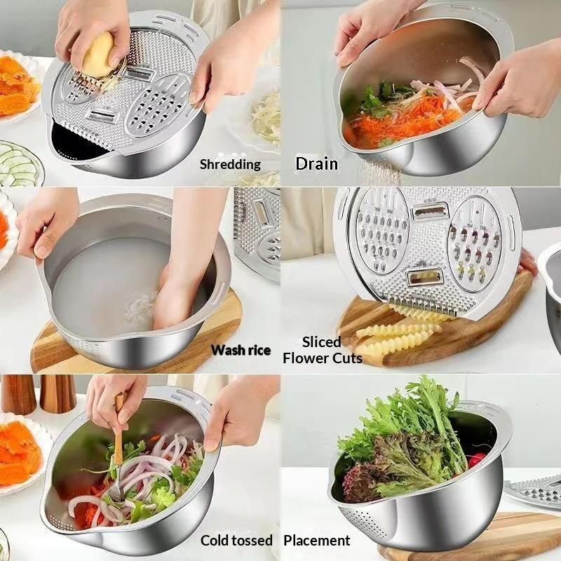 Multifunktionaler Gemüseschneider Raspel 1/2 Stück BPA-frei mit Abtropfschüssel-Set für Küchenaufgaben wie Reisschütten, Gemüseschneiden