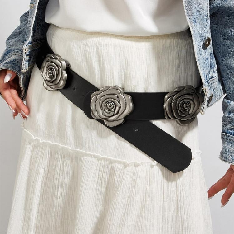 Decorative Rose Pattern Wide Belt Adjustable Waist Strap For Women Soft PU Leather Retro Design Daily Suit Dresses