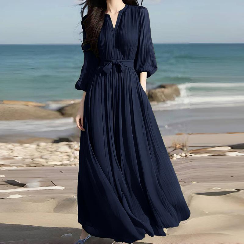

ZANZEA Женское повседневное платье с V-образным вырезом, рукавами 3/4, свободное, плиссированное, длинное 4XL темно-синий
