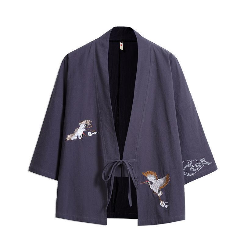 Unisex Japanese-Chinese Haori Kimono Cardigan with Crane Embroidery