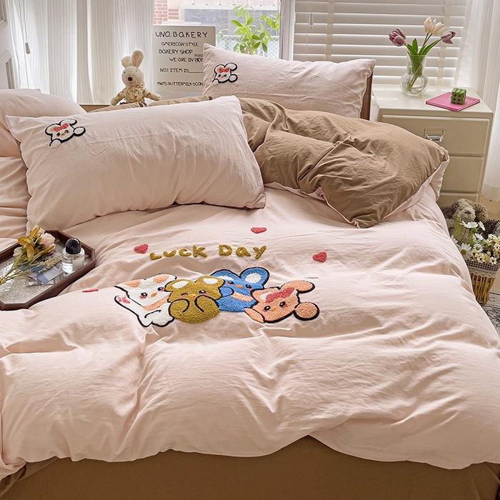 Class A Ins Pure Washed Cotton Bedding Four-Piece Set Quilt Cover Quilt Cover Bed Sheet Person Student Dormitory Three-Piece Set