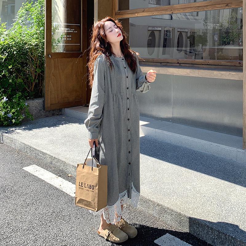 Women s Retro Plaid Lace Hem Dress - Cool or Sweet, Loose-Fit, Perfect for Autumn 2025. Large