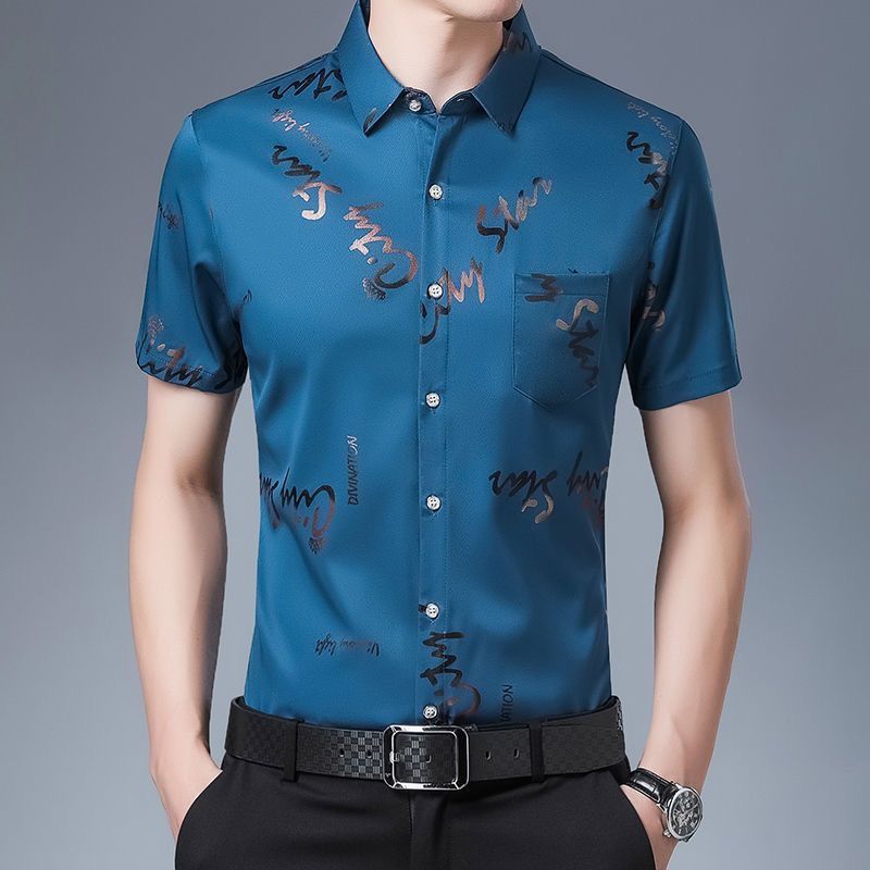 Summer Men's Ice Silk Short-sleeved Shirt Thin Plus Size Breathable Anti-wrinkle Pocket Printed Shirt