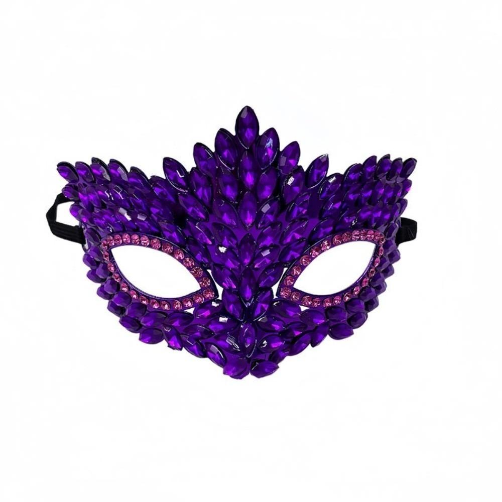 Marquise Shape Half Face Mask Luxury Sparkly Crystal Masquerade Mask Flame Leaf Elastic Rhinestone Half Mask Evening Party фиолетовый