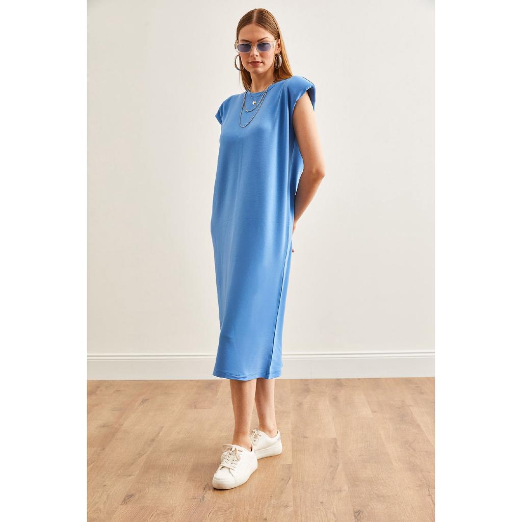 Women's Navy Blue Shoulder Padded Crystal Dress Elb-19002086