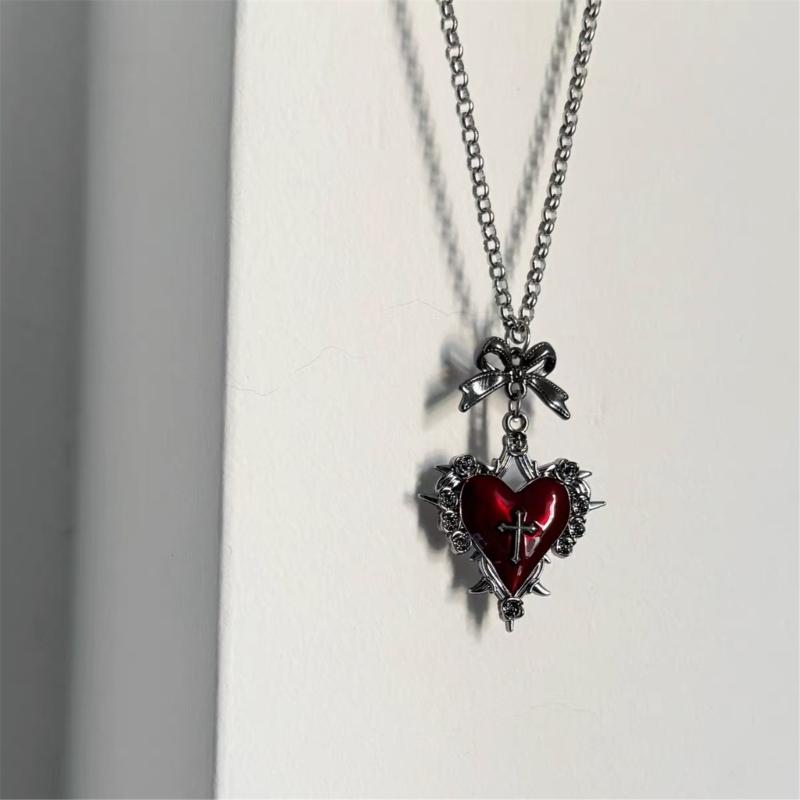 Fashionable Dark Styles Gothic Necklace with Heart Bowknot and Crosses Pendant Portable Accessory for Fashionistas