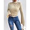 Women's Fall/winter Versatile Shirred Design Flared Sleeve Stand-up Collar Slim T-shirt