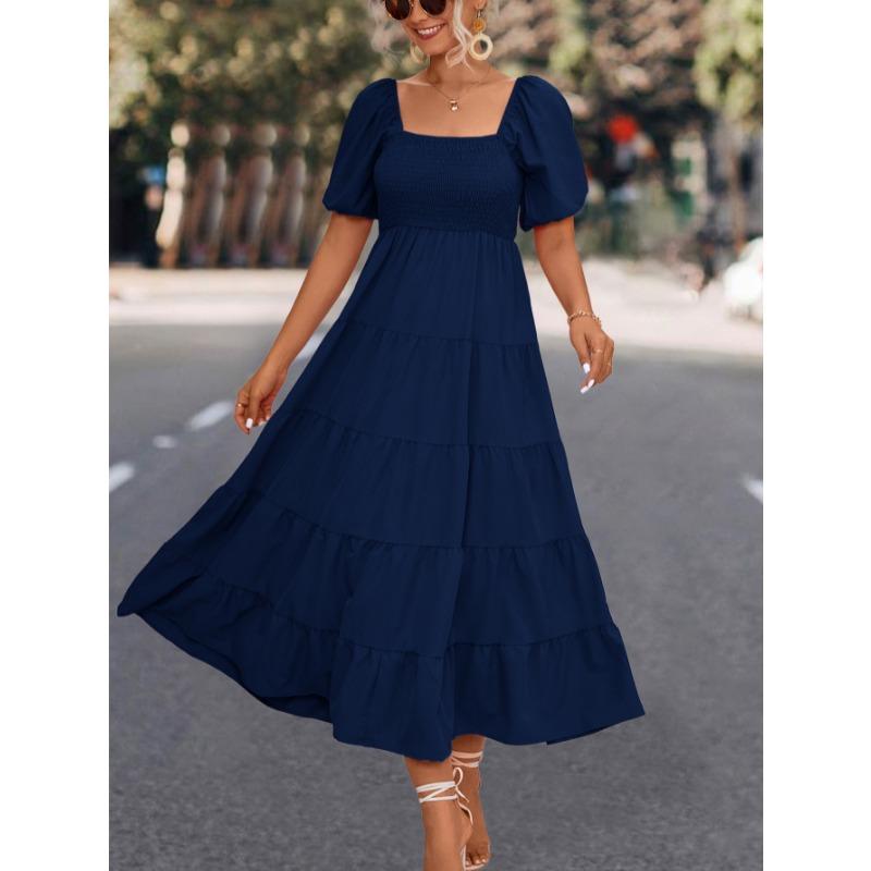 Short Sleeve Square Collar Summer Dress Women Fashion Pleated Elegant Ruffled Long Dresses Women Hight Waist Loose A-line Ladies Dress Clothes 809