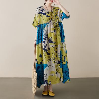 Summer Art Retro Age Reducing Round Neck Short Sleeved Printed Dress for Women