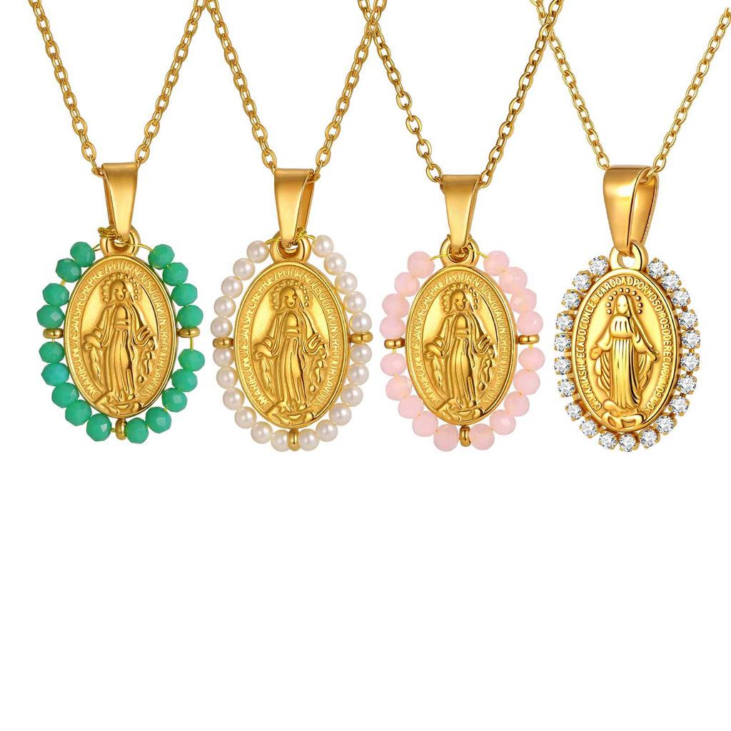 Jewelry Fashion Ladies Stainless Steel Zircon Oval Virgin Gold Pendant Necklace Pn-2158