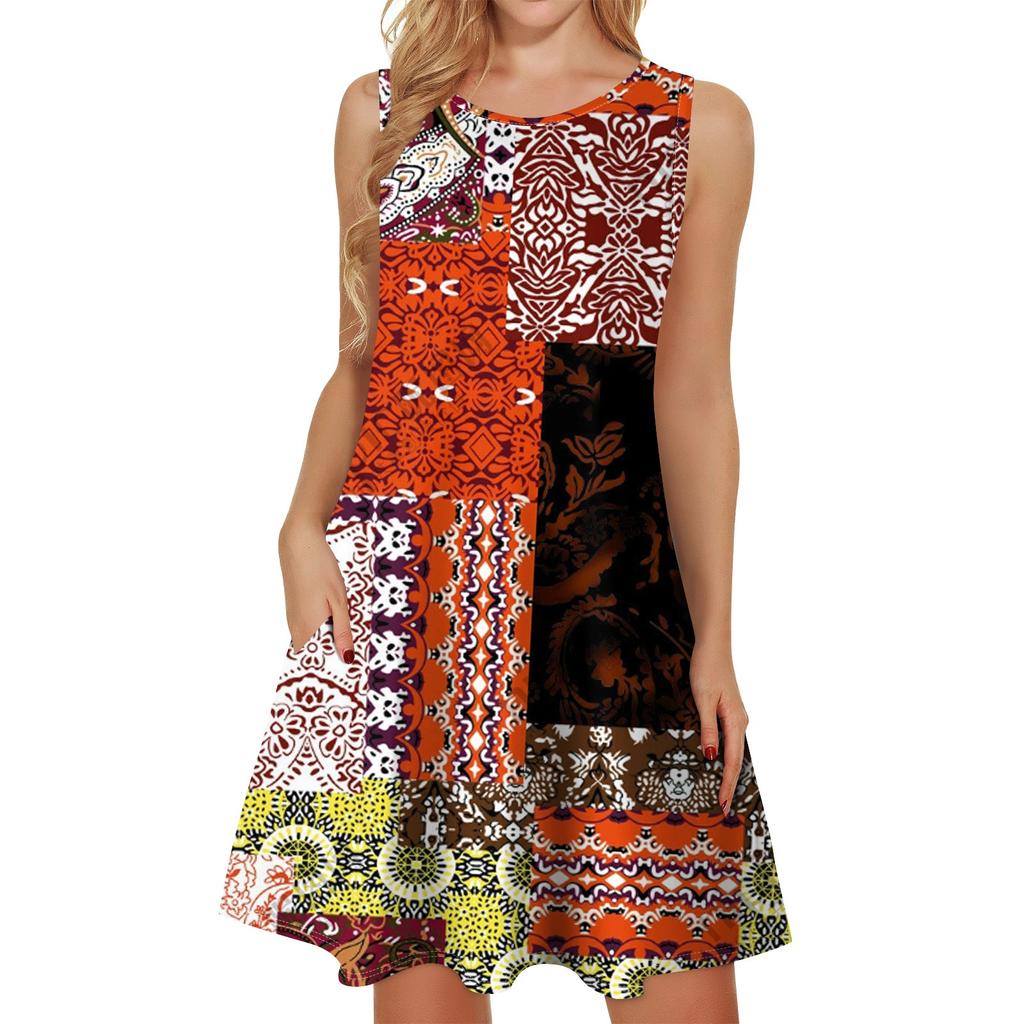 Damskie letnie sukienki, luźne, bez rękawów, z dekoltem w kształcie litery U, z kieszeniami