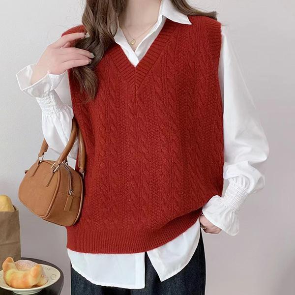 WTEMPO Preppy styl Bez rukávů Pleteniny Dámské Podzim Zima Jednobarevné Ležérní Svetry Výstřih do V Pletené Vesty