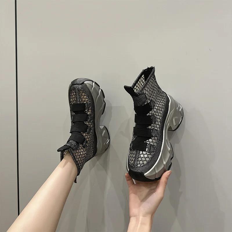 Fashion 7cm Air Mesh Denim 2024 Synthetic Breathable Ankle Boots Summer Hollow Ziper Boots Woman Fashion Shoes Comfortable Sandals