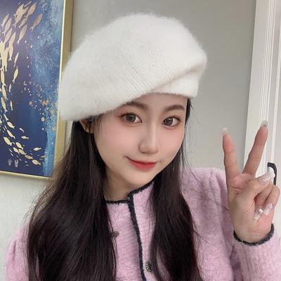 Wool Knitted Beret Hat Women's Autumn Winter Japanese Simple Painter Hats Big Head Circumference Hairline Caps