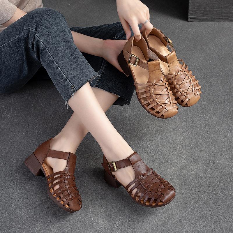 Dames Vintage Romeinse Sandalen - Bovenlaag Koeienhuid Gesp Enkelband Sandalen met 4cm Blokhak, Ronde Neus Comfortabele Zomerschoenen