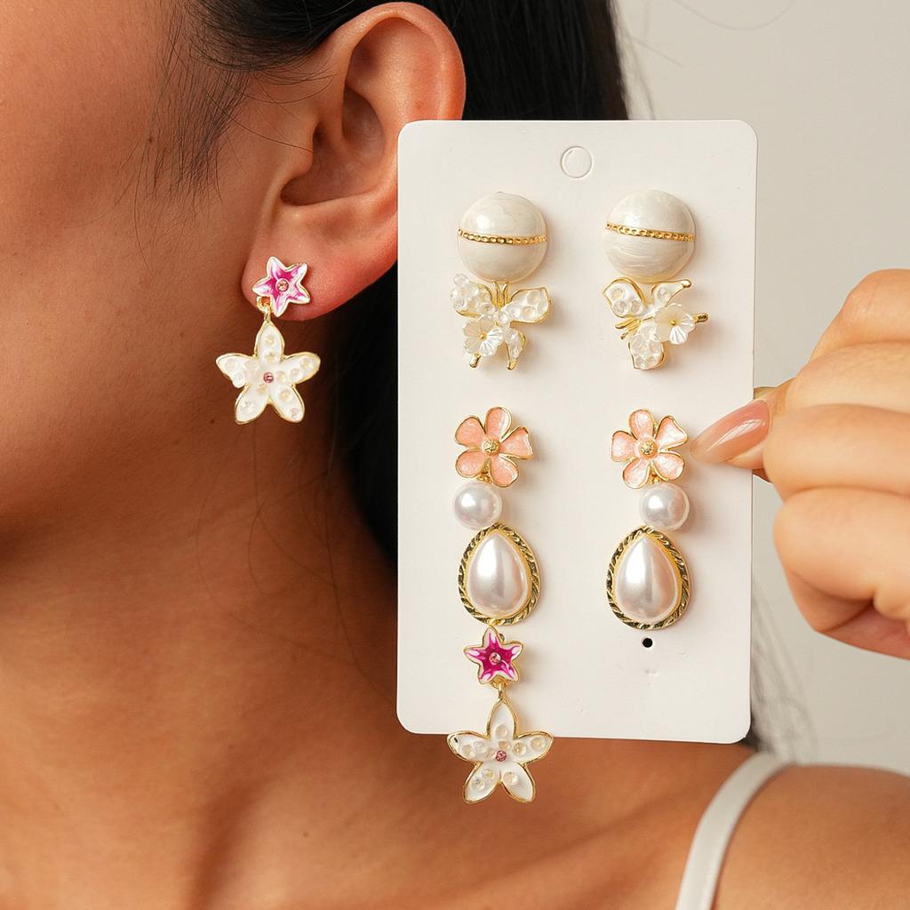 Ten-piece Set of Diamond-set Imitation Pearl Oil Drop Flower Water Drop Silver Needle Earrings Elegant Retro Earrings