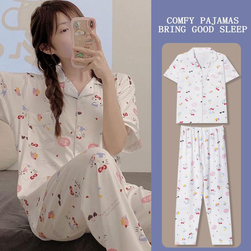 Japanese Kitty Cat Pajamas Women's Summer Thin Short-sleeved Trousers Loose Plus Size Girl Raw Loungewear Set