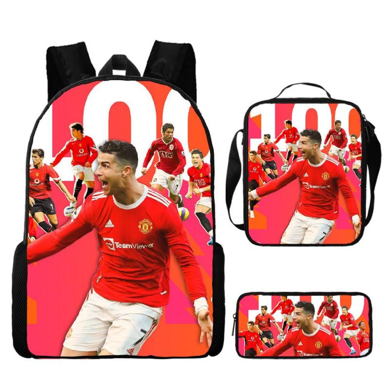 Conjunto de Mochila Escolar Infantil Estampada Cristiano Ronaldo Meninos Meninas 3 Peças Mochila de Tecido Oxford Com Lancheira Estojo