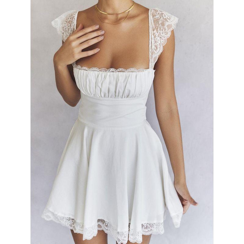 

Sexy Dress2025 Spring European and American Style Lace Lace Square Collar Suspender Skirt Slim Fit Backless White French Dress White S