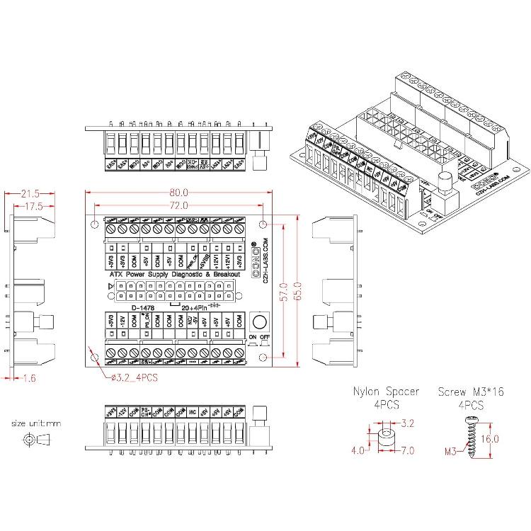 24/20-Pin ATX DC Power Supply Diagnostic/Breakout Board Module