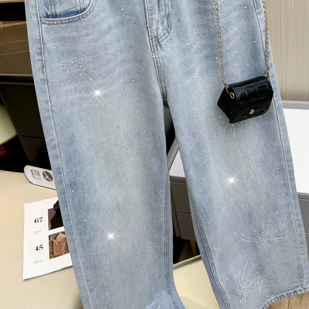 Women’s High Waist Shiny Rhinestone Denim Wide-Leg Pants - Early Spring Design