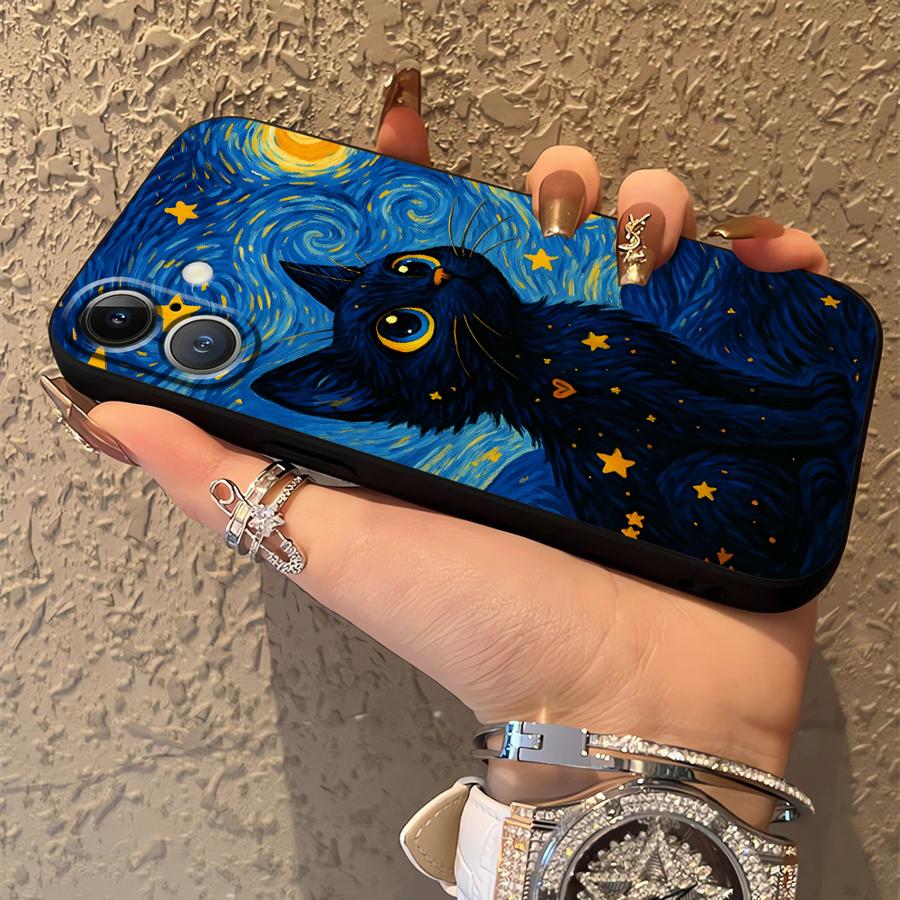 Case for Apple iPhone 17 Pro Max Air 11 15 Pro 7 8 16 12 XR XS MAX 13 14 Funda Phone Cover Rotating Starry Sky Cat