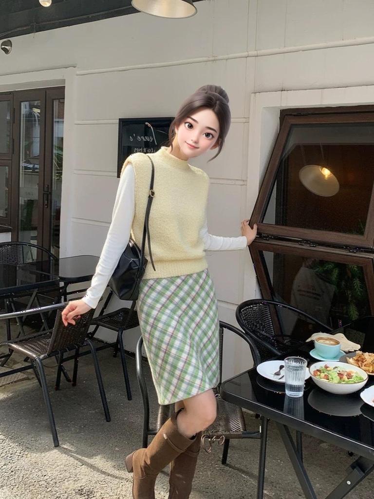 Korean Style 2025 Autumn/Winter Retro Green Plaid Skirt