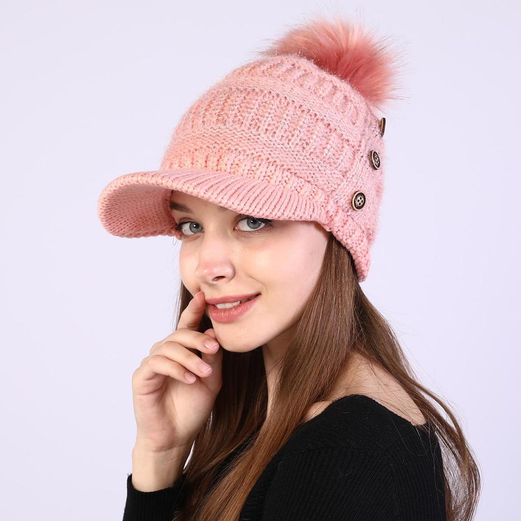 Autumn Winter Women Button Plush Thickened Warm Duck Tongue Big Wool Ball Knitted Wool Hat