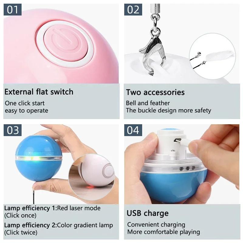 Smart Cat Color LED Feather Bell Toy Ball, Auto Ball Toy, Rotation USB Charging, Pet Accessories