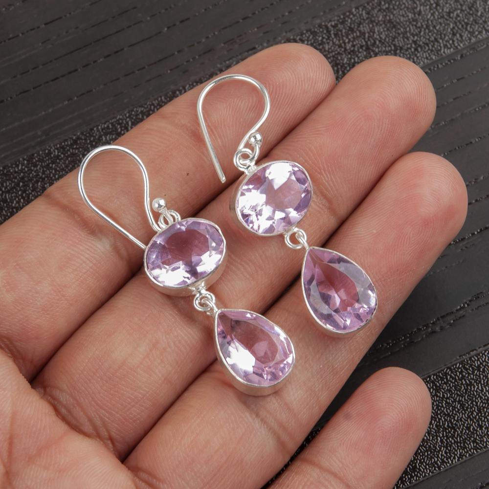 Morganite Earrings, Handmade Gemstone 925 Solid Sterling Silver Earrings Antique Jewelry, For Engagement Gift