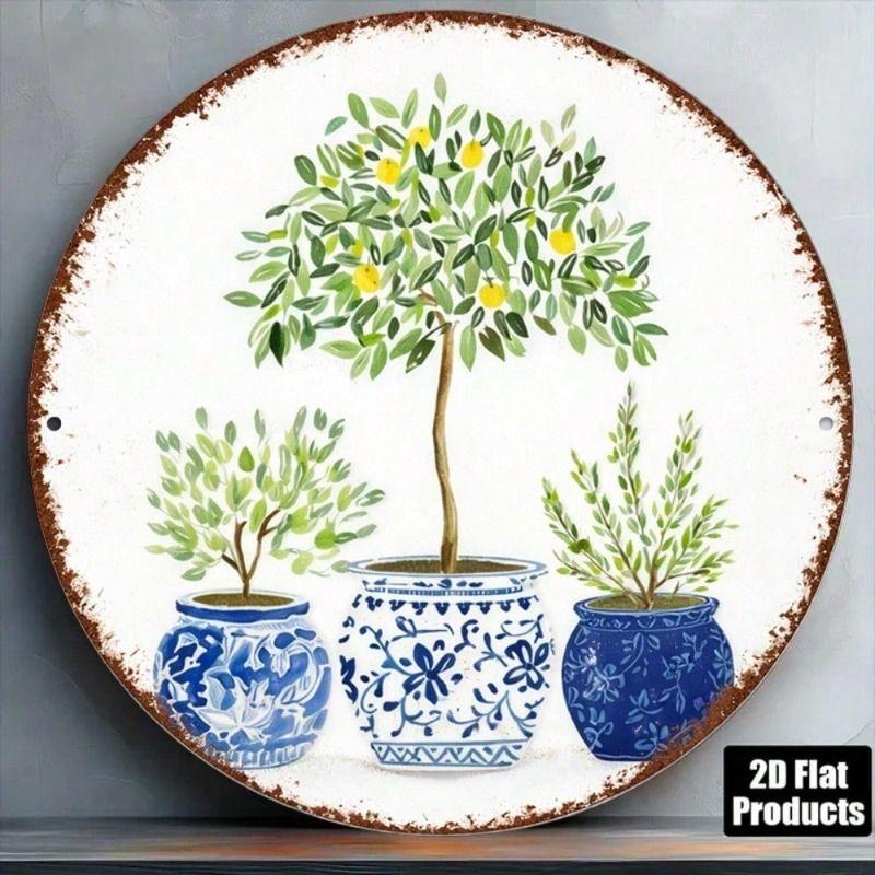 Round Metal Lemon Tree Wall Art Mediterranean Kitchen Balcony Decor 20x20cm